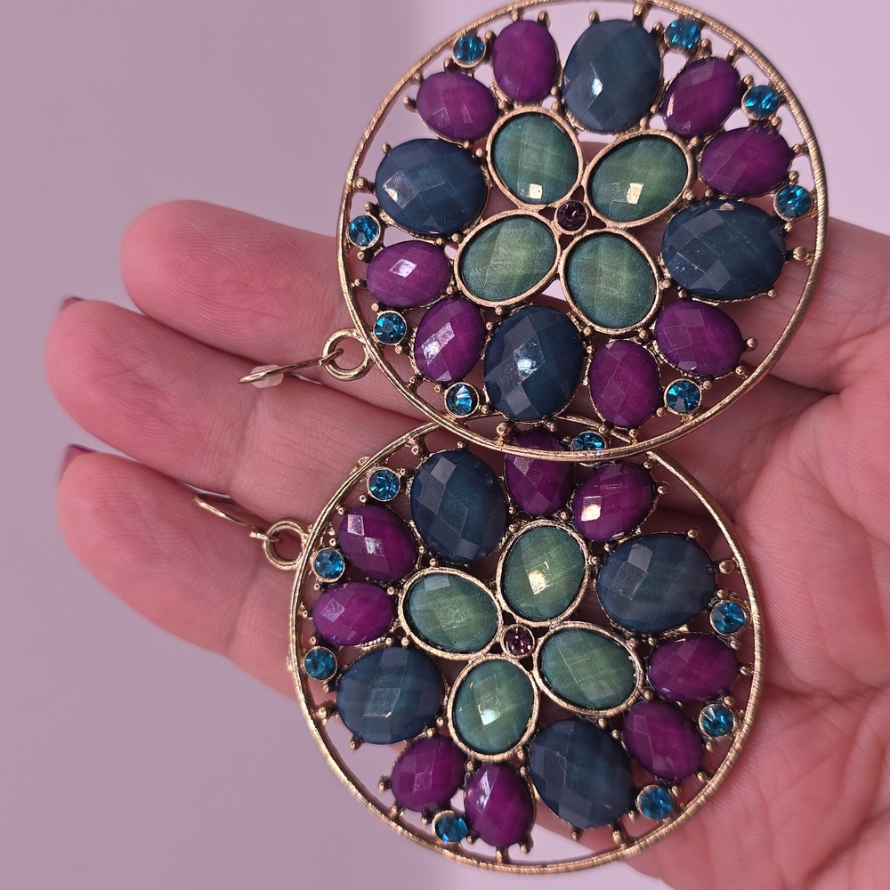 Elegant Goldtone and Multicolor Faceted Acrylic Dangle Earrings